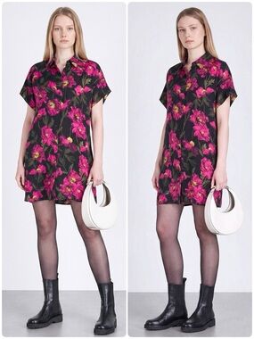 Alice + Olivia 100% Silk Floral Mini Shirt Dress Button Front Dropped Shoulder